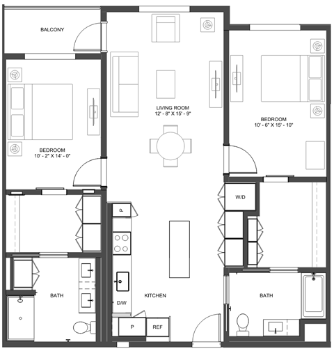 Floor plan for 2 beds, 2 baths, 1219 sqft